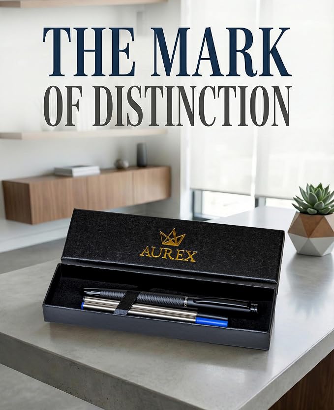 AUREX Luxury Black Rollerball Pen – Metal Pen with Cap, Micro Tip, Diamond Body Design, Gift Box & Blue + Black Ink – Executive Writing Pen