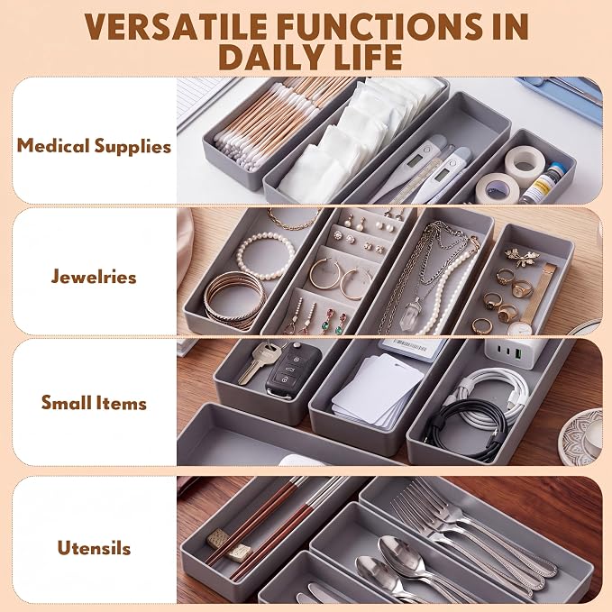 Teling 12 Pcs Grey Large Rectangular Desk Organizer Set Half Accessory Tray Plastic Tabletop Organizer for Office Home or Study Dimensions: 9.45 x 2.95 x 1.38 Inches