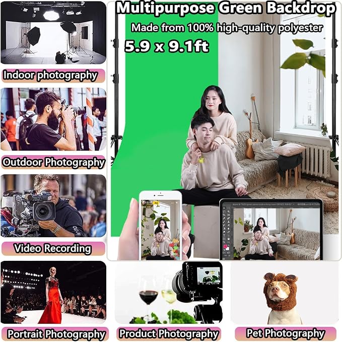 6x9 ft Greenscreen Background, Premium Collapsible Small Green Screen Backdrop Cloth Pantalla Verde Fabric Portable Content Creator Background Screen for Streaming Studio Video Photo Booth Photoshoot
