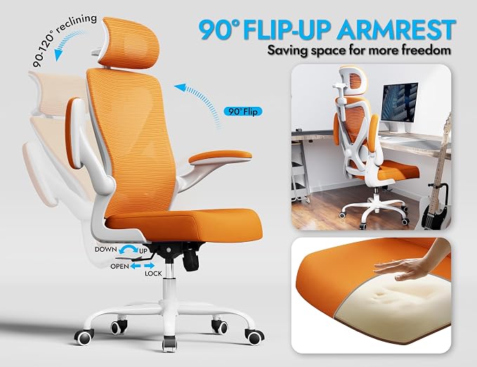Ergonomic Office Chair: Mesh Desk Chair Comfy with Headrest& Lumbar Support | Ergalithic Big and Tall Office Chairs with Wheels & Flip-Up Arms-Computer Gaming Chairs for Adults Home Office(Orange)