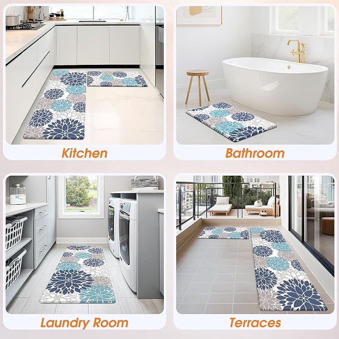 StepLively Kitchen Mats for Floor, 0.47" Anti Fatigue Mats for Floor, Kitchen Decor and Accessories Non Slip Washable Mats Set of 2 for Sink, Laundry, 17.3"×30"+17.3"×59", Blue and White