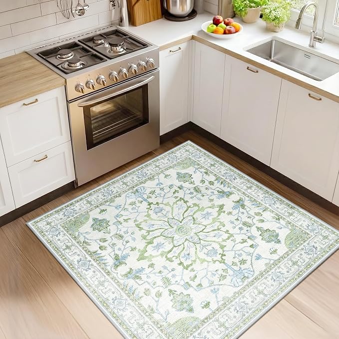 RELEANY Area Rugs Square 4ft Washable Non-Slip, Floral Vintage Distress Medallion Carpet for Living Room Bedroom Dining Room, Green White Blue