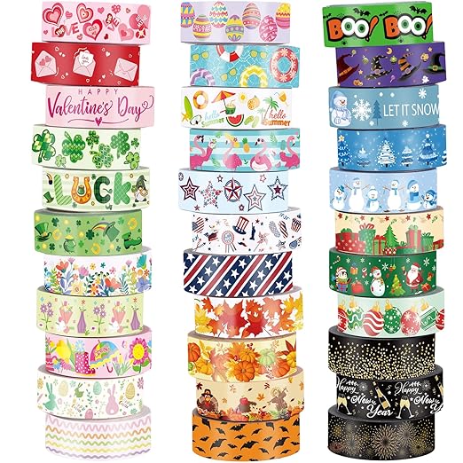 TaoBary 33 Rolls Washi Tape Set, 15 mm Holiday Washi Tape Set Seasonal Plaid Bohemian Colorful Vintage Cute for Card Wrapping Craft(Festive Style)