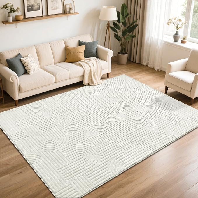 SHACOS Soft Cozy Fluffy Arch Pattern High Low Pile Area Rugs 8'x10' Large Non Slip Washable Modern Geometric Rug Scandinavian Minimalist Carpet for Living Room Bedroom Dining Room, Cream White