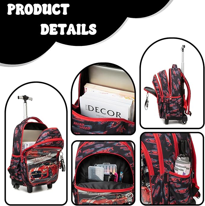 Boys Rolling Backpack for School Backpack with Wheels for Kids Roller Backpacks for Kids Backpacks with Lunch Box Pencil Case for Elementary Back to School Supplies