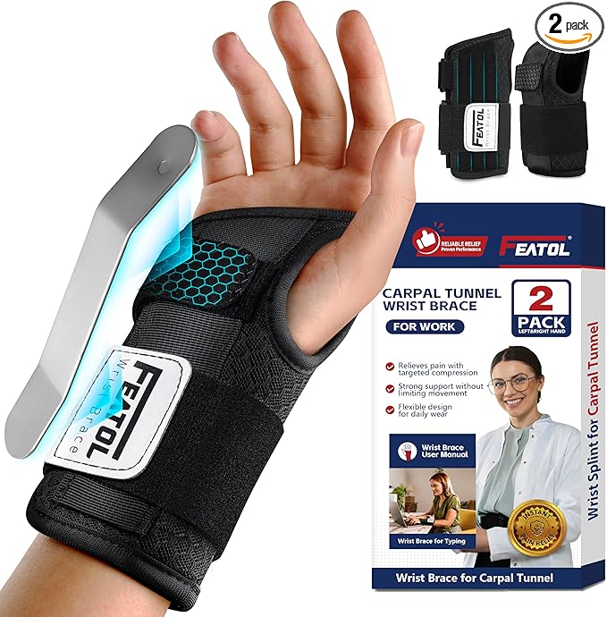 FEATOL 2 Pack Carpal Tunnel Wrist Brace For Work With Wrist Splint, 6.5'' Hand Brace Night Support For Women Men, Pain Relief For Tendonitis, Arthritis, Pregnancy, Typing, Right and Left Hand, Large