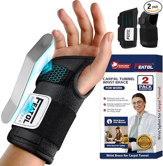 FEATOL 2 Pack Carpal Tunnel Wrist Brace For Work With Wrist Splint, 6.5'' Hand Brace Night Support For Women Men, Pain Relief For Tendonitis, Arthritis, Pregnancy, Typing, Right and Left Hand, Small