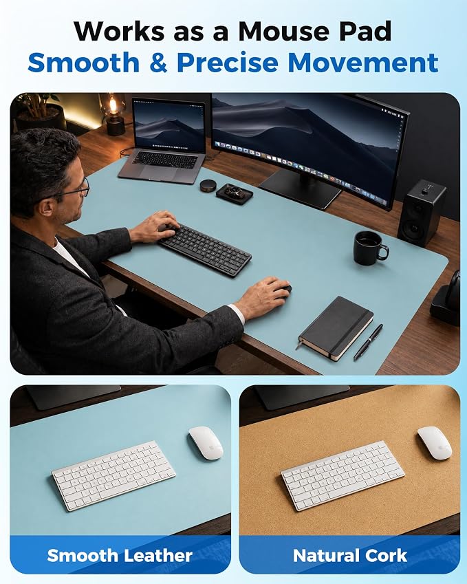 Aothia Cork Desk Mat - Dual-Sided XL PU Leather Desk Pad & Full Desk Protector, Large Waterproof Desktop Mat for Office & Gaming (47" x 23.6", Blue Topaz)