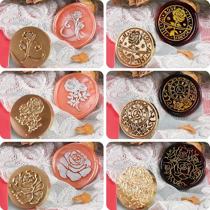 Wax Seal Stamp Kits, 6 pcs Wax Stamp Brass Head & 1 Wooden Handle, 6 Rose Designs