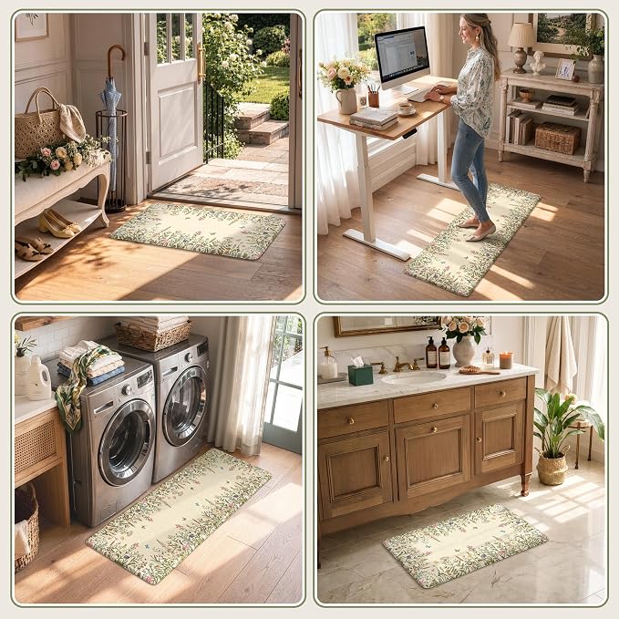 KIMODE Kitchen Mats Cushioned Anti Fatigue 17"x47"+17"x29", Farmhouse Kitchen Mats for Floor 2 Piece, Padded Kitchen Floor Mats Non Slip, Cream Wildflower Standing Mat for Laundry Bath Sink Office