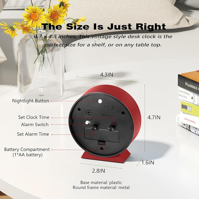 AYRELY® 4.5" Analog Alarm Clock, Small Retro Desk Clock and Table Clock | Battery Operated, Silent Metal Table Clock with Light for Living Room Decor, Bedroom, Bedside and Shelf (Red)