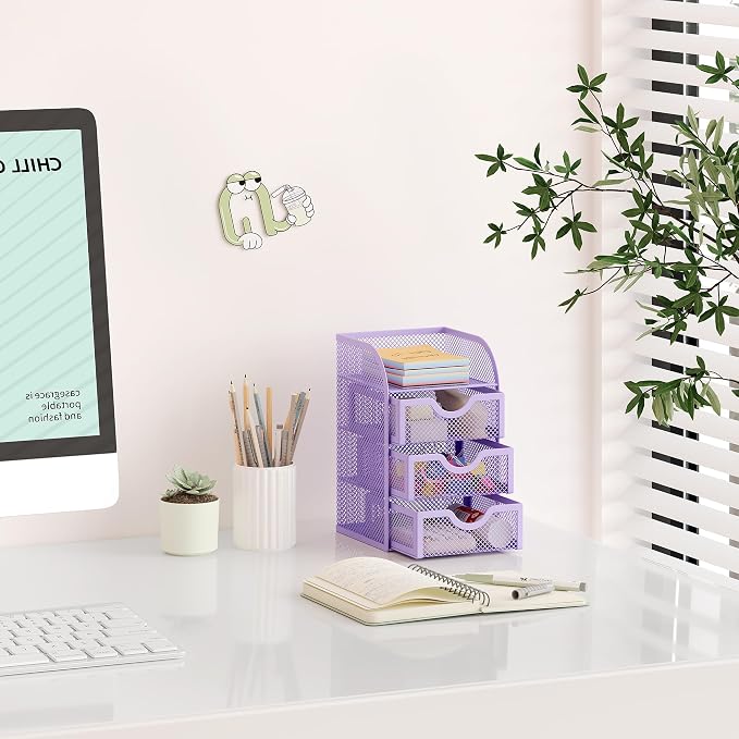 EasyPAG Mesh Desk Organizer with 3 Drawer Office Desktop Organizers and Accessories Stationery Caddy for Office, Home, Students, Purple