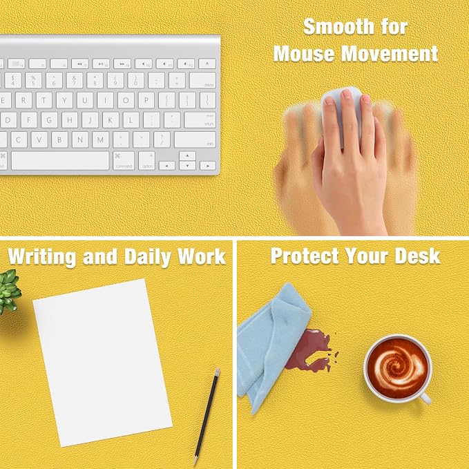 Hsurbtra Desk Pad, 35.5" x 17" PU Leather Desk Mat, XXL Extended Mouse Pad, Waterproof Desktop Blotter Protector, Non-Slip Ultra Thin Large Laptop Keyboard Writing Mat for Office Home, Yellow