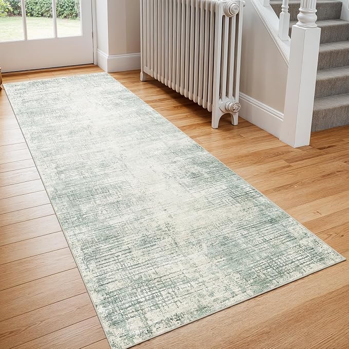 2x6 Hallway Washable Runner Rug - Non-Slip Kitchen Rugs with Rubber Backing Abstract Neutral Low-Pile Carpet Runners for Laundry Room Home Decor Bedroom Bathroom Entryway (Green,2x6)