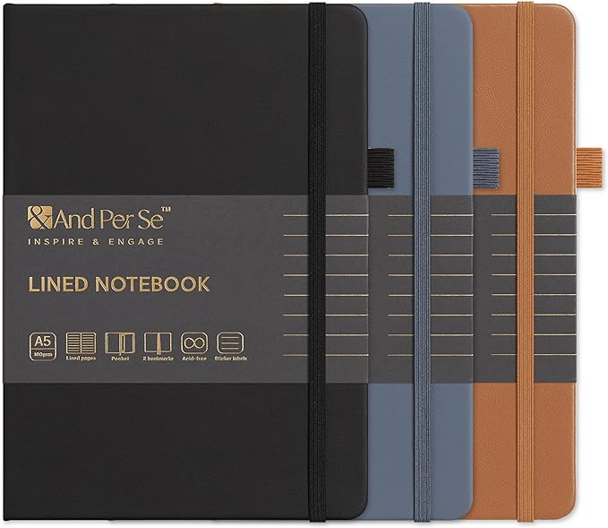 &And Per Se Lined Notebooks 3-Pack Gift Set, A5 Hardcover Journals, 160 Pages 100gsm Thick Paper, 3 Assorted Colors (Brown, Blue, Black)