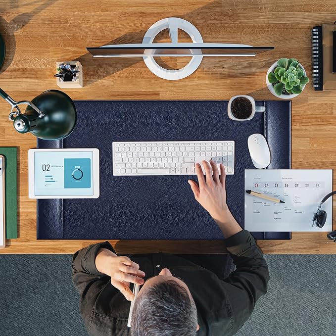 Leather Desk Pad Protector with Side Rails, Executive Office Desk Mat for Home Workspace, Writing Surface, Mouse & Keyboard Pad, Elegant Gift for Men Dad Husband(Blue,30 x 18 Inch)