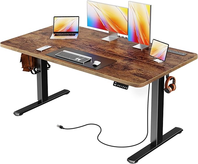 Huuger Electric Standing Desk with Power Outlets and USB-C Port, 55 X 24 Inch Height Adjustable Desk, Sit Stand Desk for Home Office, Computer & Gaming Desk with 4 Presets, Rustic Brown