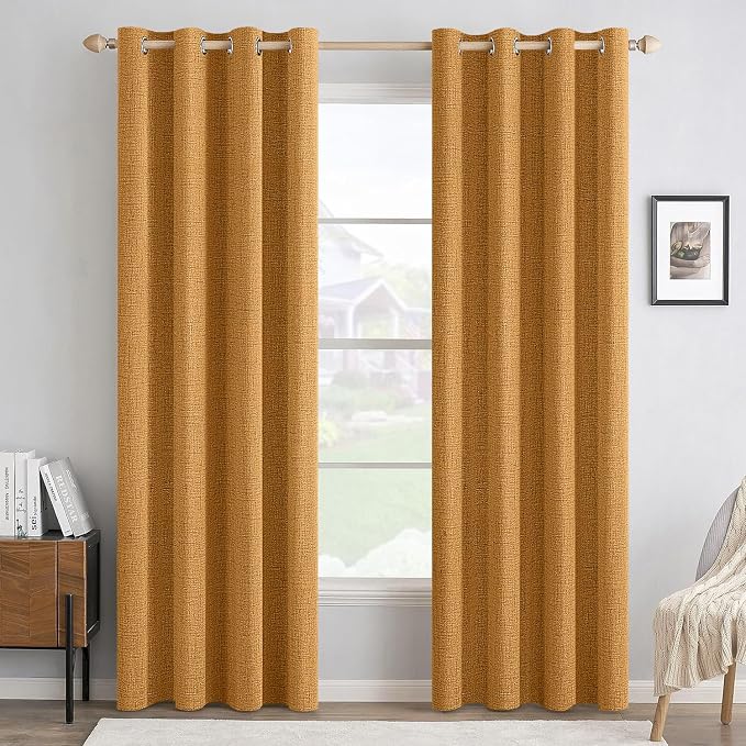 MIULEE 100% Blackout Linen Textured Curtains for Bedroom Solid Thermal Insulated Mustard Yellow Grommet Room Darkening Curtains & Drapes Luxury Decor for Living Room 52 x 72 Inch (2 Panels)