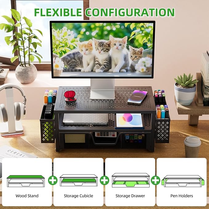 Simple Trending Desk Organizer and Accessories, 2 Tier Computer Metal Monitor Stand Riser with Drawer and Pen Holder for Laptop, Computer, iMac, Black