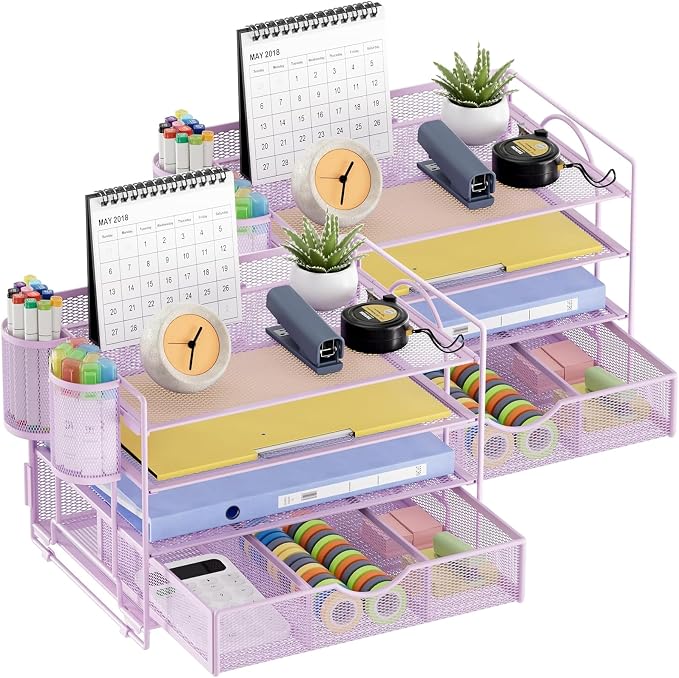 Marbrasse Desk Organizer, 4-Tier Paper File Letter Tray, Purple-2P | Sturdy Paper Tray, File Holder, Built-in Drawer, 2 Pen Slots, fits Letters/Files, for School Home Office Supplies