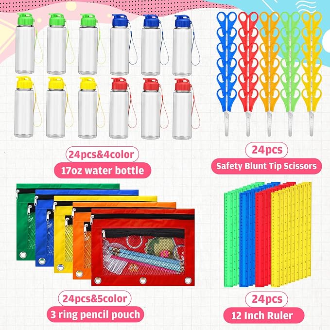 120 Pcs / 24 Sets Back to School Supplies Kit Include Sturdy Oxford Backpacks Water Bottles Pencil Pouches Scissors Rulers for Students Supplies Donations Camping Party Bulk Gift Set (Classic)