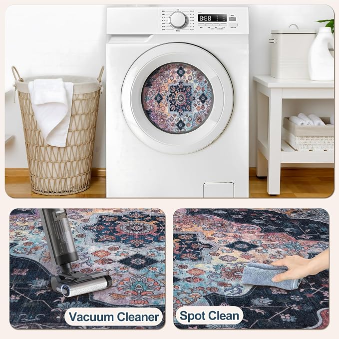 Tangsoo 2.6x8 Washable Runner Rug for Hallways, Non Slip Vintage Runner, Soft Low Pile Long Rug Runner, Print Distressed Navy Carpet Runners for Kitchen Bedroom Entryway Bathroom Living Room