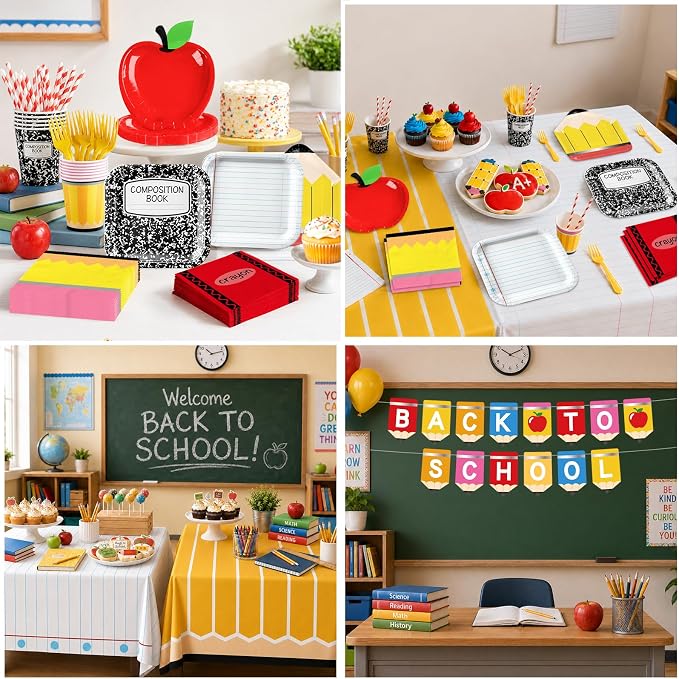 159 Pcs Back to School Decorations, First Day of School Party Supplies Includes Banner Paper Plates Napkins Cups Tablecloths Balloons for Classroom Kindergarten Back to School Party Decor