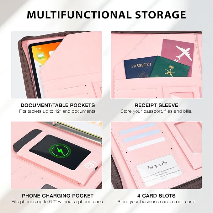 Ospelelf Zippered Padfolio Organizer, Faux Leather 3 Ring Binder with Clipboard, Letter Size Business Portfolio with Notepad, Tablet Sleeve & Phone Pockets for Office Work Pink