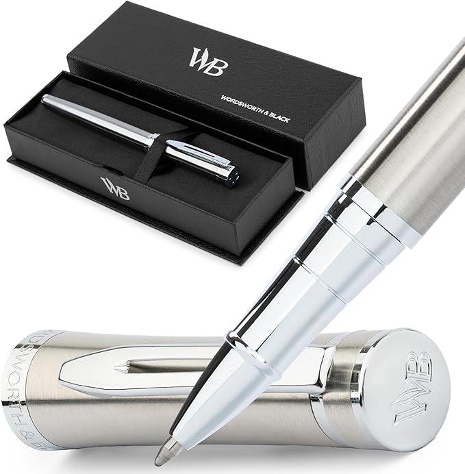 Wordsworth and Black Rollerball Pen - Luxury Pen - Chrome Finish, Silver Lacquer, Ink Refill, Refillable Gift for Men & Women, Professional Writing, Nice and Fancy Pens and for Work