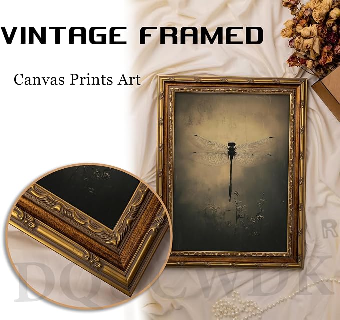 Vintage Gold Framed Wall Art Retro Dark Dragonfly Painting Canvas Prints Gothic Insect Picture Wall Decor Rustic Farmhouse Animal Poster Artwork for Living Room Bedroom Bathroom, 12x16in