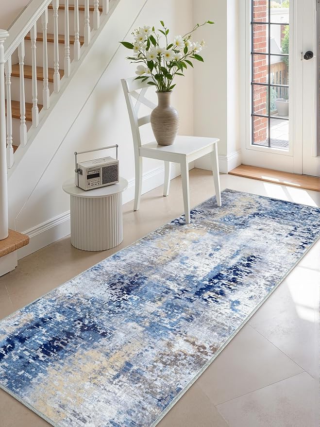 Macgace Washable Abstract Runner Rug, 2x6 Modern Area Rugs with Non-Slip Rubber Backed for Kitchen, Thin but Soft Contemporary Carpet Bedroom Entryway Hallway Decor, Midnight Blue