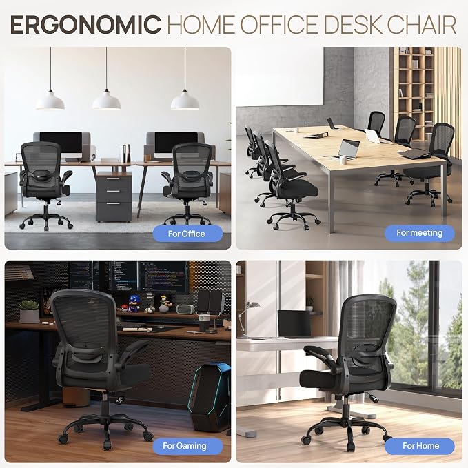 Mimoglad Ergonomic Office Chair, Comfortable Desk Chair with Flip-up Armrests, Adjustable Lumbar Support, 135° Reclining Mesh Computer Chair for Home Office, Small Spaces and Team Office, Black | Supports 300 lbs · Seat 19.48"–23.4" · Breathable mesh ·...