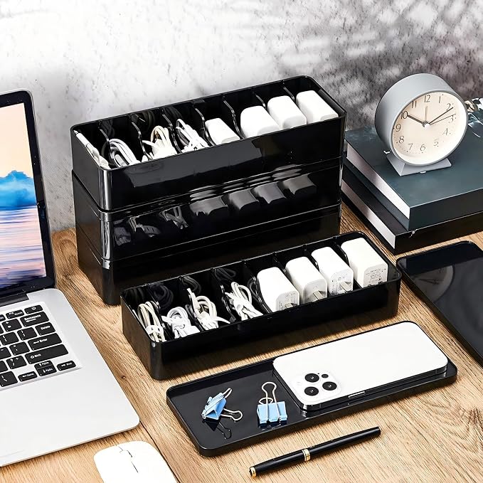 Tatuo 4 Pcs Cord Organizer for Drawer Desktop, Cable Organizer Box with 8 Compartments and Wire Ties, Plastic Charger Storage with Lid, Electronics Case for Home Office Accessories (Small,Black)