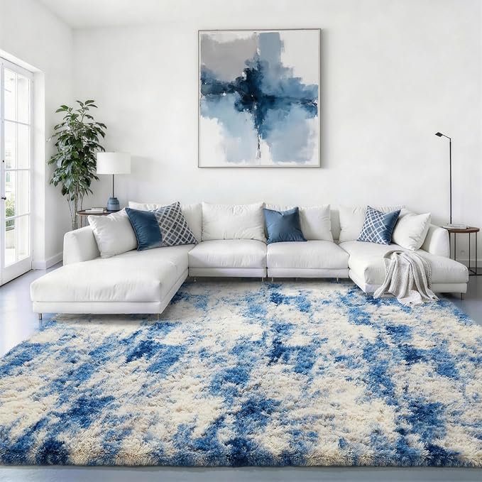 Ophanie 8x10 Blue and Gray Area Rugs for Living Room,Large Navy Grey White Fluffy Shag Fuzzy Plush Soft Carpets,Floor Shaggy Rugs for Bedroom,Carpet for Kids Dorm Decor with Over 99 pcs Pile fibers