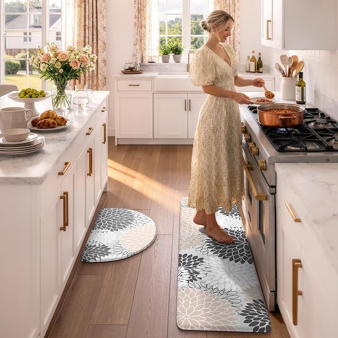 KIMODE Half Circle Anti Fatigue Mats for Kitchen Floor Rug Sets of 2 | 18"x28+18"x47",Pink,Half Round,2PCS,Dahlia Floral Boho,Non Slip,Waterproof,for Sink Office Laundry Bathroom Decor