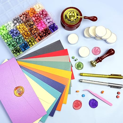 Wax Seal Kit, 624 Pcs 24 Colors Sealing Beads, 1 Pcs Stamp,Sealing Wax Warmer, Metallic Pen, 10Pcs Envelope, 8Pcs Tea Candles for Wedding Birthday Gift and DIY Craft