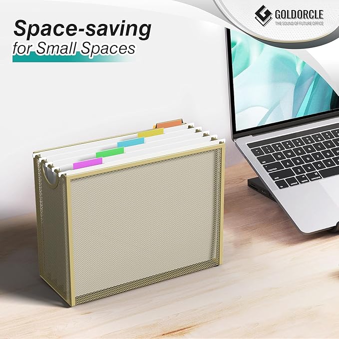 Hanging File Organizer, Letter-Size File Holder Filing Box with 5 Hanging Folders, Metal Mesh Desk File Folder Storage(No Assembly Required) (Gold)