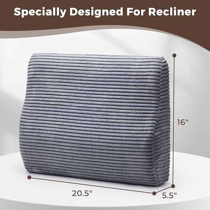 Lumbar Support Pillow for Recliner Chair/Accent Chair/Couch, Large Memory Foam Back Support Cushion for Elderly, Ergonomic Backrest Pillow for Back Rest, Pain Relief, Reading, Washable Cover, Gray