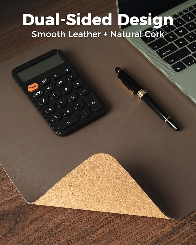 Aothia Dual-Sided Desk Mat - Leather & Cork Desk Protector, Large Mouse Pad & Writing Pad for Office/Home, Coffee (25.6"x13.7")