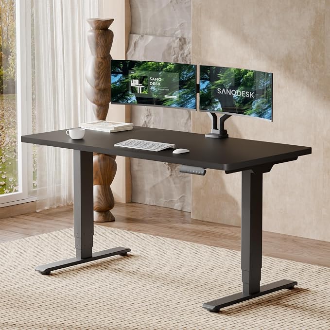 SANODESK Dual Motor Standing Desk 220lbs Height Adjustable Desk | 55"x28" Spacious One-Piece Black Desktop & Black Frame, 4 Memory Presets, 3-Stage Legs, 220lbs, 2-Box for Home & Office