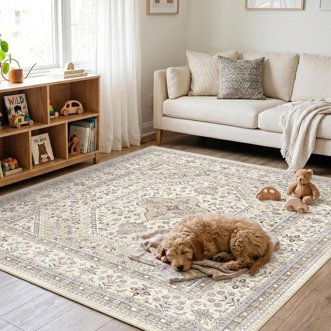 Puino 6x6 Square Area Rug - Washable Oriental Rugs for Living Room Soft Non-Slip Backing Indoor Carpet for Bedroom Kitchen Low Pile Stain Resistant Floor Mat for Bathroom Home Decor Beige/Gray