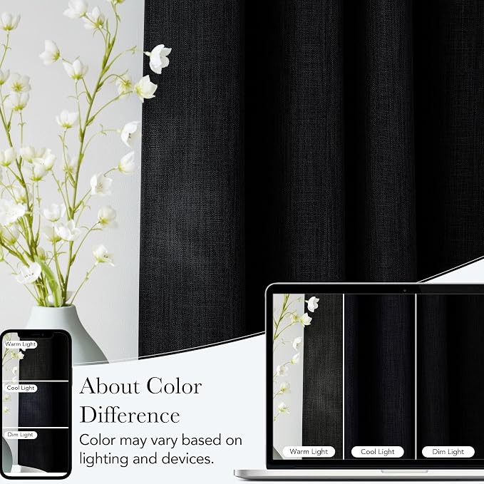 NICETOWN Short Faux Linen Black Blackout Curtains 63 inches Long for Kitchen - Privacy Panels for Living Room Bedroom, Modern Farmhouse Style Easy Care Grommet Top, 2 Panels, W42 by L63