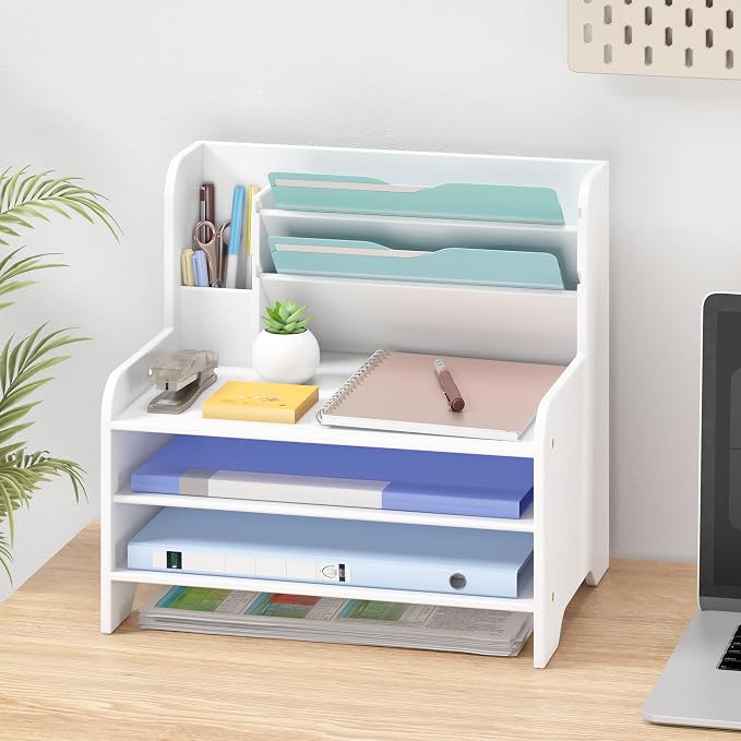 Bamboo File Organizer for Desk, Desktop Paper Tray and Mail Holder | Three open tiers keep A4/letter paper, folders, bills and mail sorted, visible and easy to reach while saving desk space