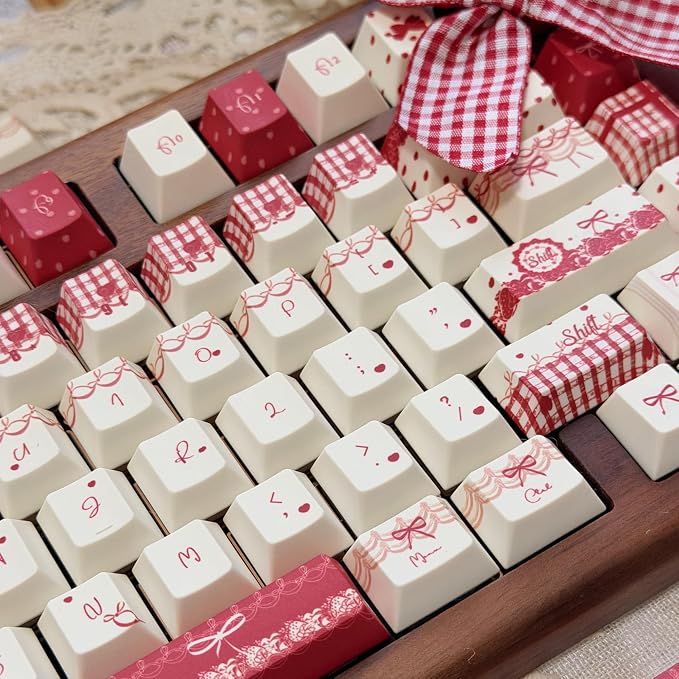 Raspberry Mousse Theme Keycaps 140 Keys, PBT Keycap Cherry Profile, Dye-Sub Cute Red Key Caps Set 60% 75% 96% 100%, Custom Keyboard Keycaps MX Switch Mechanical Keyboard (Only Keycap)
