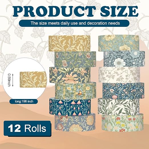 12 Rolls Watercolor Floral Washi Tape Set 15 mm Vintage Flower Decorative Masking Tape for Summer School Arts DIY Craft Scrapbook Journal Supplies Gifts(Earthy Tones,William Morris)