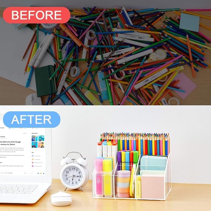 VITVITI Acrylic Desk Organizer, 7 Compartments Clear Pen Pencil Holder | Desktop Stationery Organizer, Office Pen Pencil Storage, Back to School, Home Art Supplies