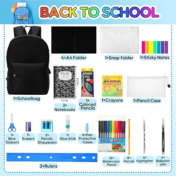 Gilprop 86 Pcs School Supplies Kit with Backpack Back to School Supplies Bag Set Elementary Essential Bundle Bulk for Student Classroom(Black)