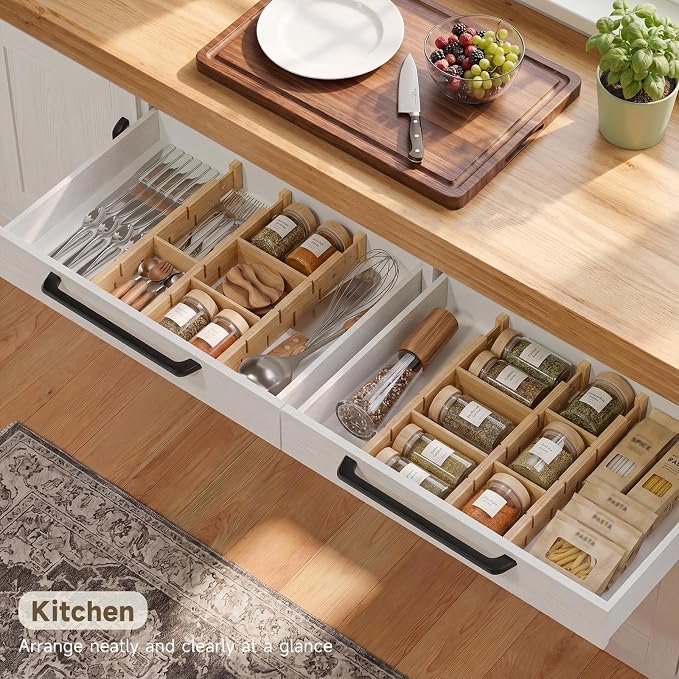 Bamboo Drawer Dividers, Expandable Kitchen Drawer Organizer | Include 6 Dividers, 6 Small Inserts and 6 Medium Inserts for Home, Office, Dressers