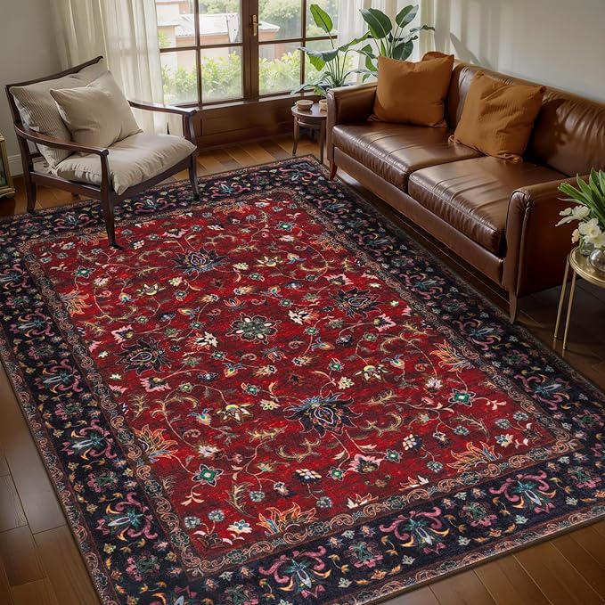 Tangsoo Red 4x6 Washable Area Rug, Vintage Indoor Rugs for Living Room, Non Slip Machine Washable Large Rugs, Soft Print Red Oriental Carpet for Bedroom Dining Room Dorm Office