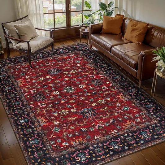 Tangsoo Red 4x6 Washable Area Rug, Vintage Indoor Rugs for Living Room, Non Slip Machine Washable Large Rugs, Soft Print Red Oriental Carpet for Bedroom Dining Room Dorm Office
